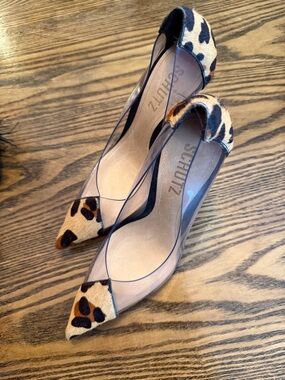 SCHUTZ Leopard Accent Pointed Toe Pumps with Clear Panels